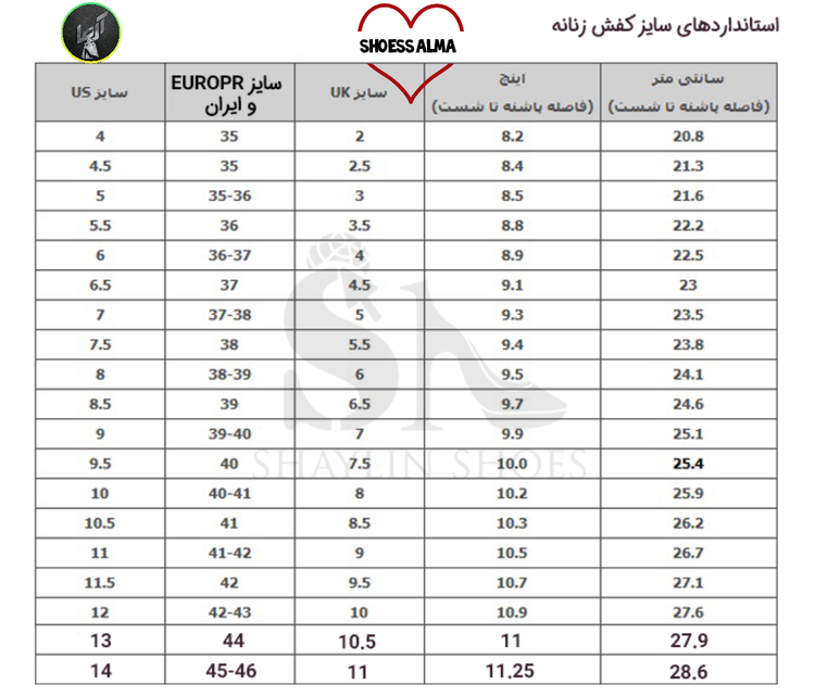 جدول انتخاب سایز کفش